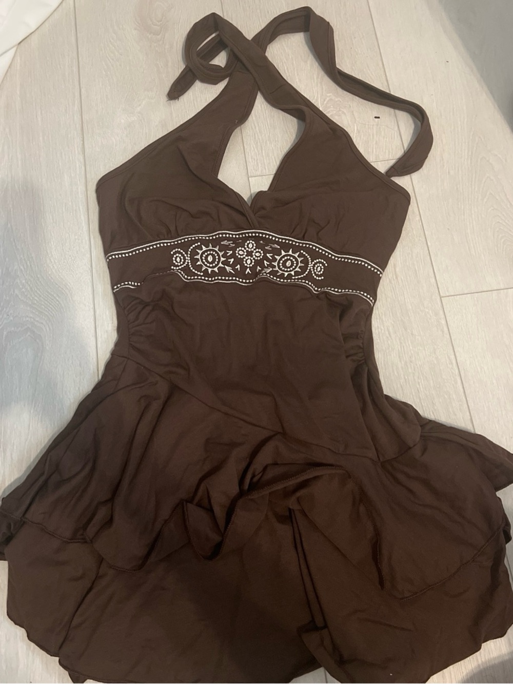 SHEIN Brown One-Shoulder Sundress with Embroidered Waist